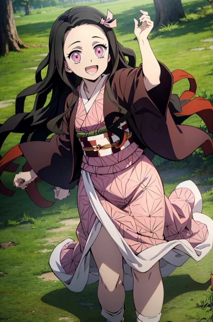 (masterpiece:1.3), (best quality:1.1), (8k, ultra detailed, ultra high res:1.2), ((anime style)), detail perfect 5 fingers, perfect anatomy, 
1girl,
Kamado Nezuko, 
BREAK long hair, wavy hair,  forehead
black hair, 
pink eyes, 
ribbon, 
small breasts,  
BREAK japanese clothes, pink kimono, brown haori, obi, 
smile, dynamic pose, 
looking at viewer, 
cowboy shot, 
BREAK outdoor, (age of Edo:1.5), 