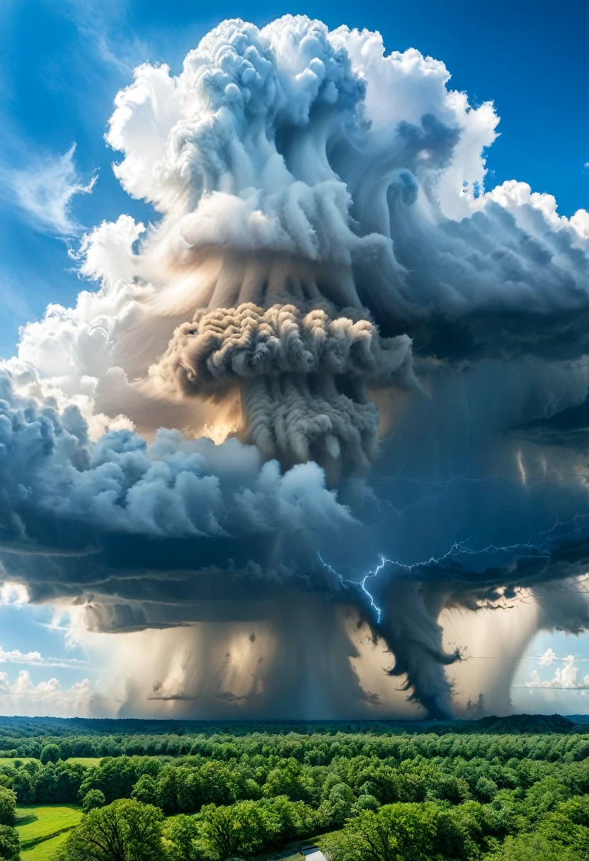 A huge tornado appears in the blue sky、Overwhelm the surrounding clouds。This natural phenomenon is、With its power and beauty,々surprise。but、Behind that beauty、Destructive power lurks。This image is、It symbolizes the power of nature and the fragility of humans.。