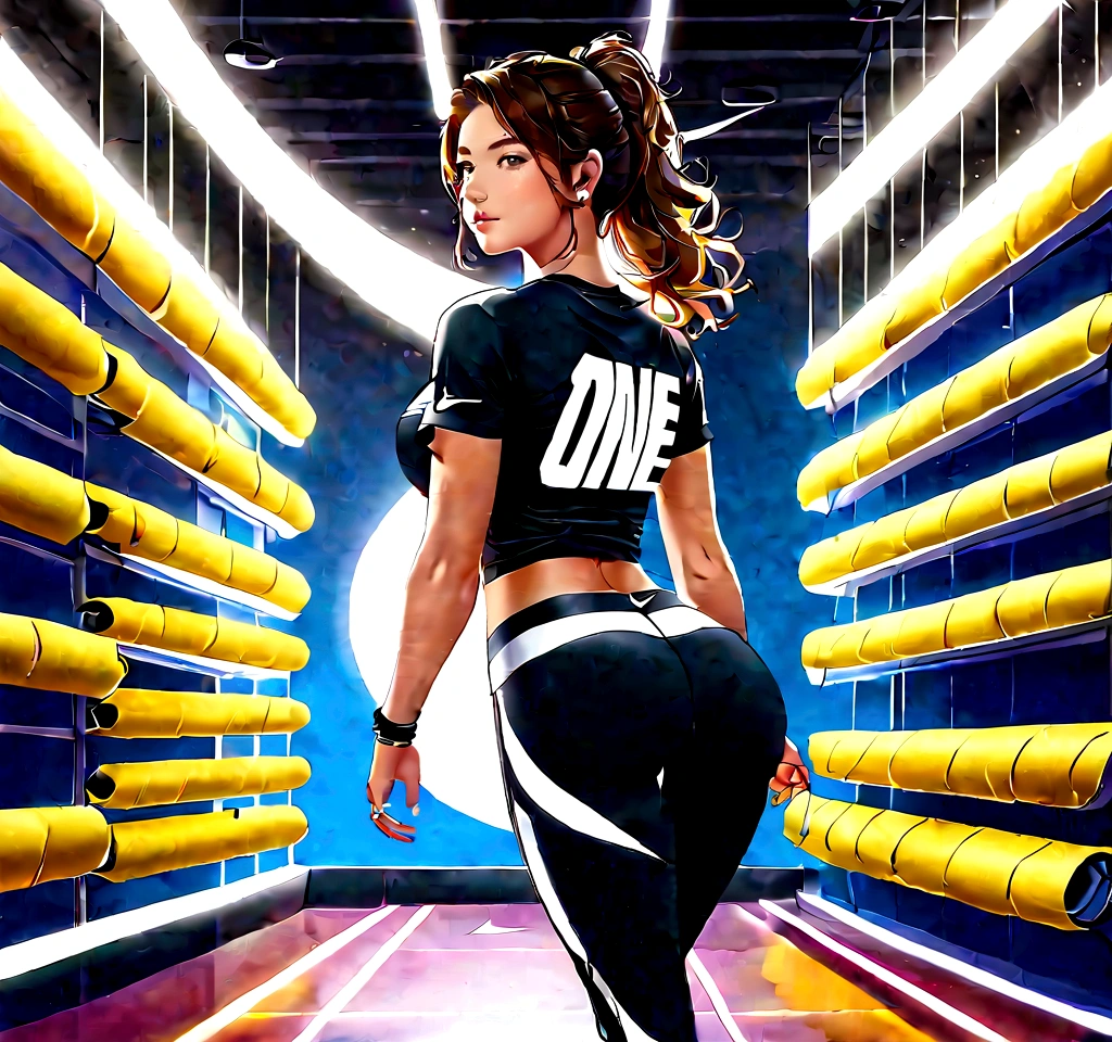 One girl,  short t-shirt,  leggings, nike sneakers, big ass, perfect breast, slim, cute, sexy, very detailed, exquisite lighting and composition, , 8k, sharp, highly detailed, high resolution, looking back