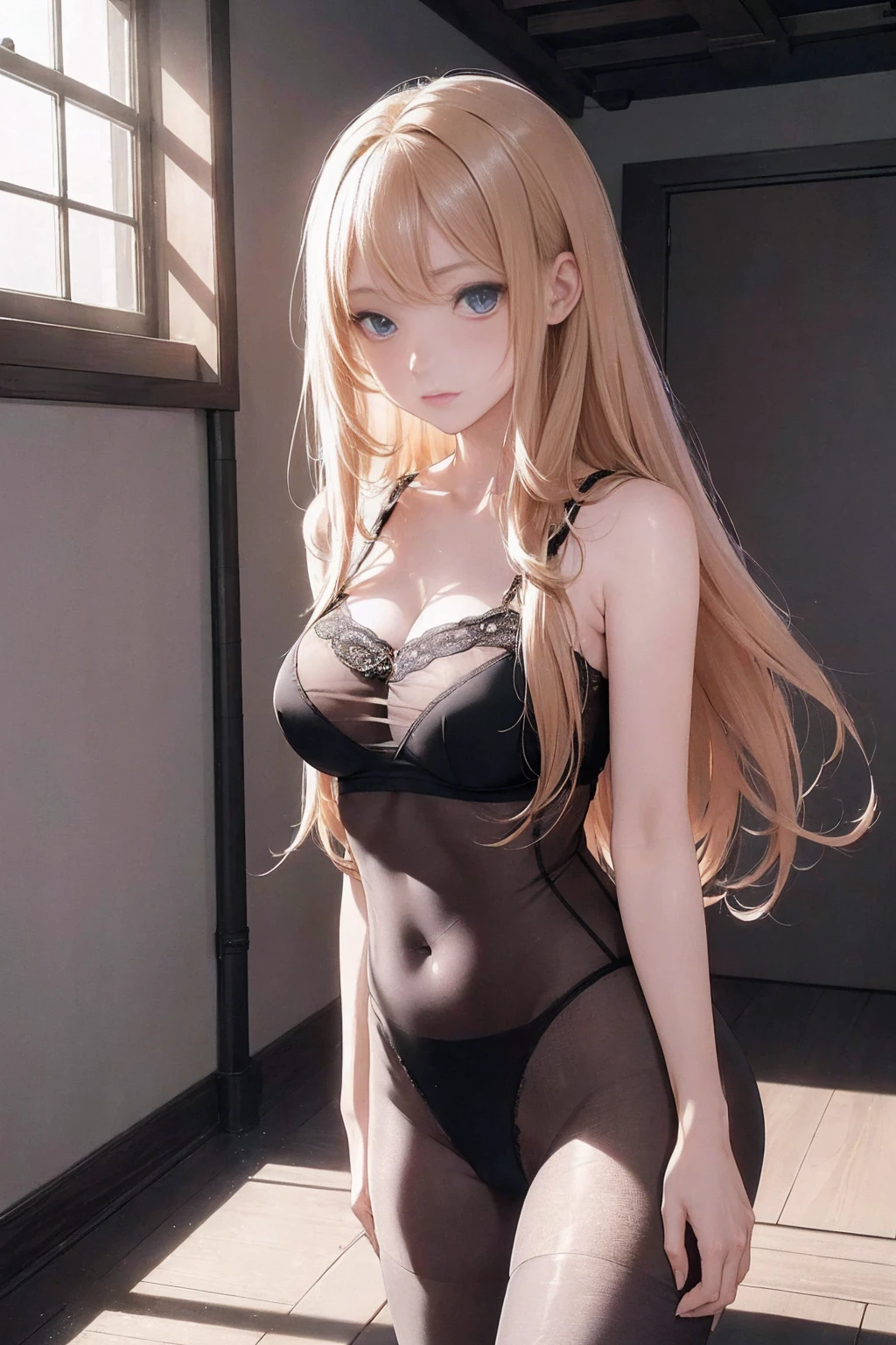 ((1 Female, 1 person, Solitary) Alice, Humanity, Long curly blond hair, blue eyes, freckle, ager, 18 years, Rebirth_ongoing) (Main Part, Super detailed, 8K, (HD, Sunlight:0.5, Soft_shadow:0.5, atmosphere_light, 8K, 4K, Surrealism, elegant, ((((Appearance)))), Soft Ton, 柔和的light))(((Dark, Chiaroscuro)))Transparent Tulle,Camisoles,Yoga Pants,Black Silk,Camel toe,,whole body