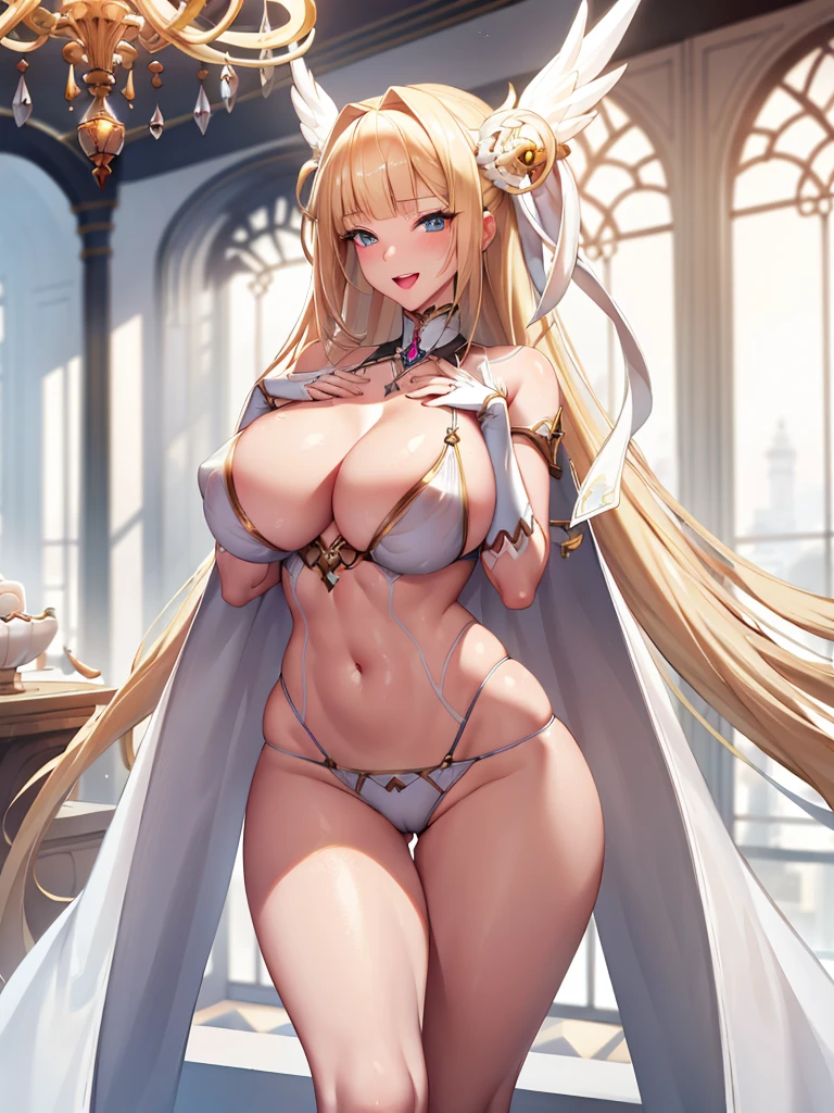 最high quality, high quality, 8K、High resolution,Highest quality、anime、solo、from the front、普通のWearing a white bikini大きな体の大人のおねえさん,Six-pack、Open Mouth Smile、Gentle Eyes、Blonde、high qualityな青い瞳、Long neck、bare hands、barefoot、belly button、maternal、Thighs、Background of a room with a chandelier、Standing with correct posture、Angela White、Wearing a white bikini、Majestic angel all over the body, animeの女神, Angela White, Epic pose,Wearing a white bikini美しく魅力的なanimeの女性, Huge and stunning goddess shots, Angel Knight Girl, Female angel, She has angel wings on her chest, Highly detailed goddess shot