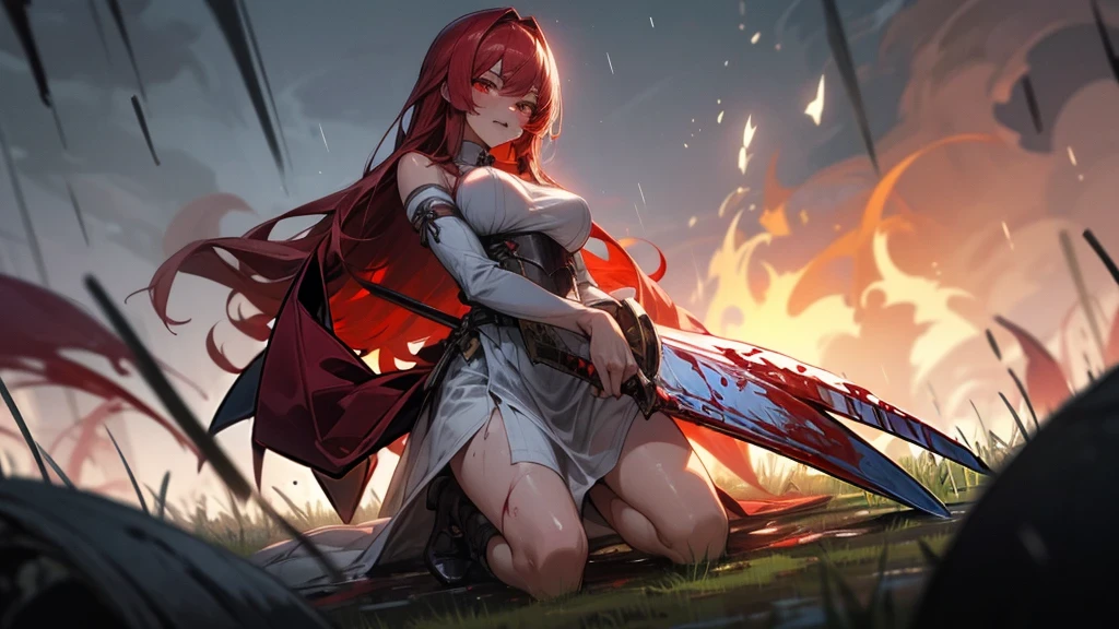 weird atmosphere, (best quality:1.1), (masterpiece:1.2), high quality shadow, beautiful detailed, (high detailed skin, skin details), (wide landscape, 8k), depth of field, highres, best illumination, (sexy), outdoors, blurry background, HD hair, beautiful face, perfect skin, red hair, long hair, (big breasts), blood particles, (night), sharp teeth, glowing red eyes, blood on face, blood on clothes, blood splashing, female knight kneel in the war fields, white dress, leavage, stocking, high heels, attack pose, close to viewer, gripping blue flame sword, heavy rain, in the grassland, foggy, wet body, wet hair, hair fluttering, bare shoulder, blue flame