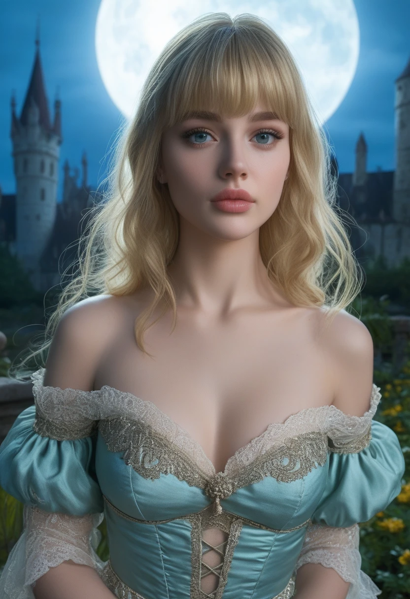 score_9, score_8_above, score_7_above, 1girl, realistic, blonde long hair with bangs, blue_eyes, realistic skin texture, detailed picture, upper_body, HD32k, royal_garden, medieval_castle, elegant_green_dress, off_shoulder_dress, moonlight, night, fullmoon, red_lips, (puckered_lips:1.3)