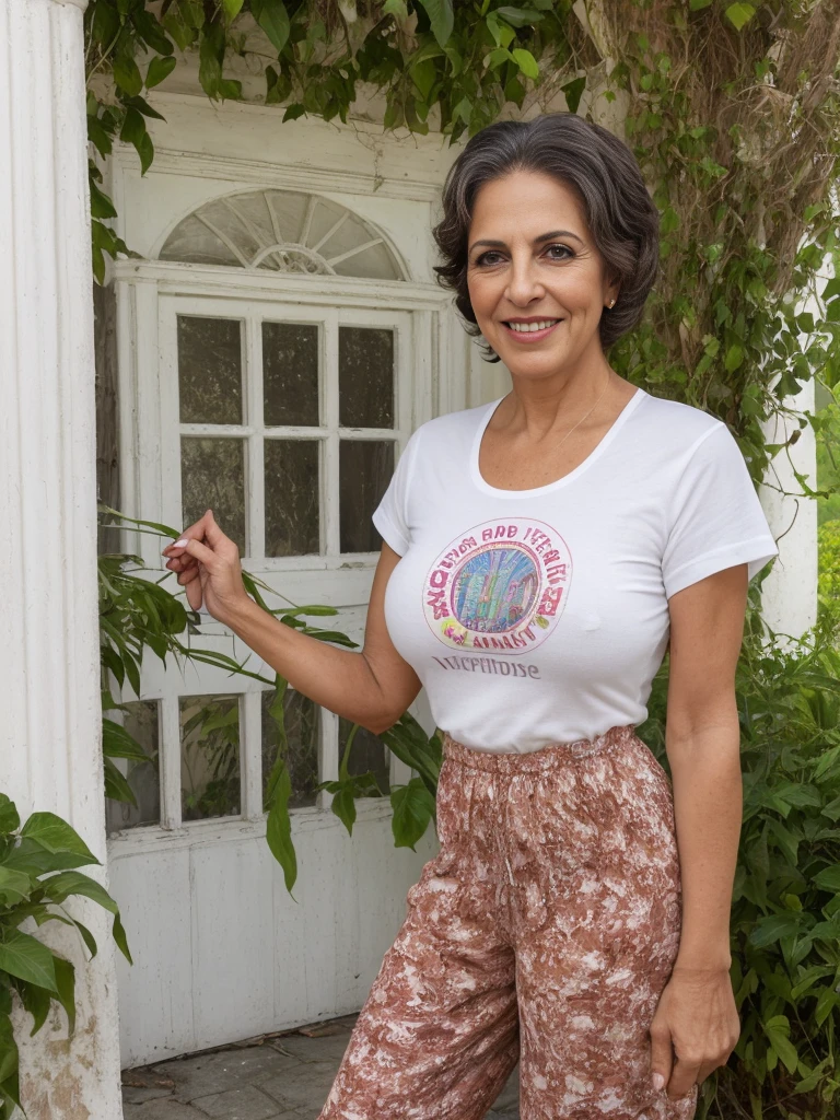 1girl, photorealistic, realistic, Latina woman, Old woman, thick lips, mature, 65 years old, Latina, straight short hair, brown skin, Latina nose, Latina eyes, Latina body, ((background: inside the mansion house)), wearing printed tshirt and Culotte Jumpsuit, outdoor, ((wide shot)), smiling