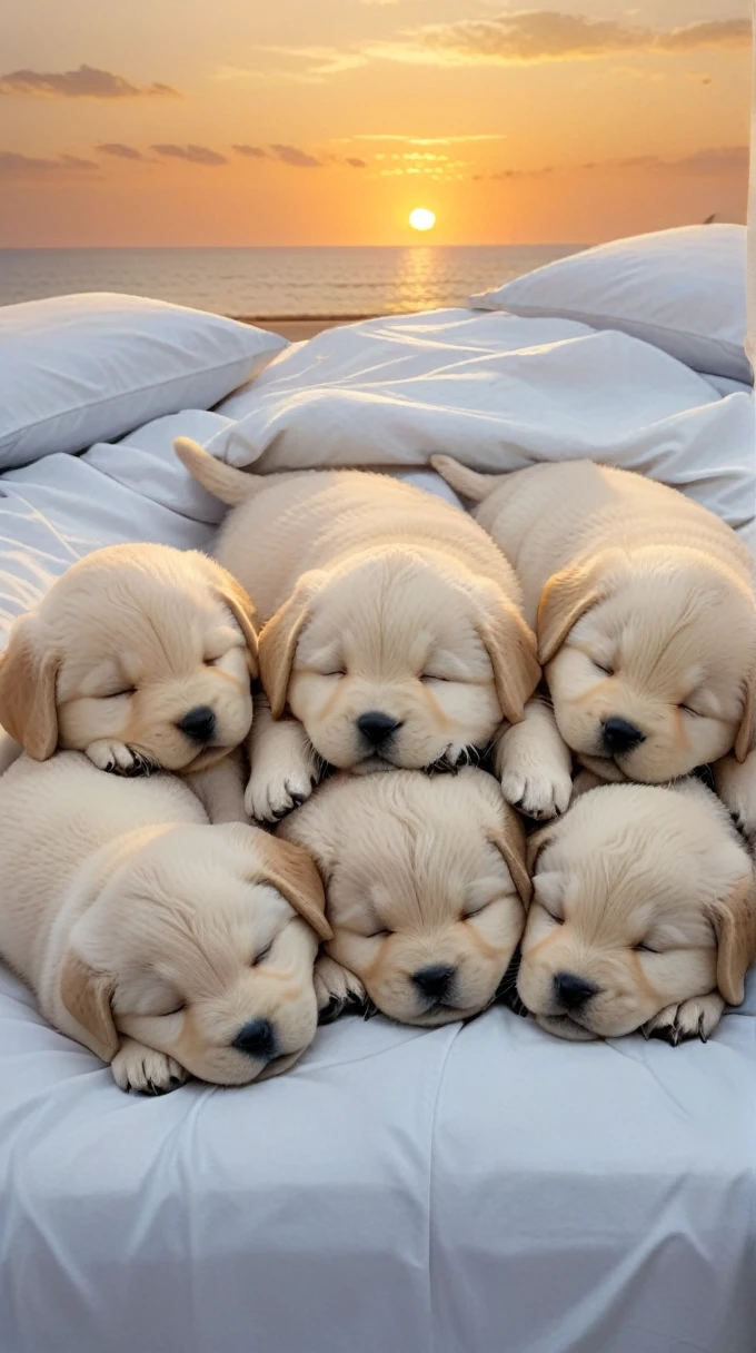 With the sunset in the background,(masterpiece:1.2, high quality), Several puppies sleeping together on a bed、