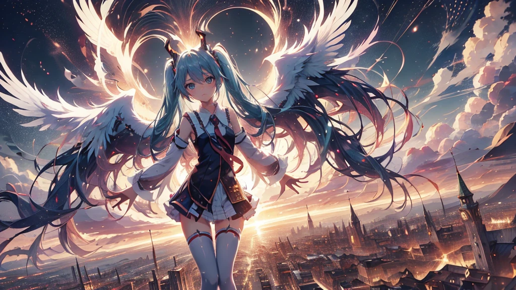 anime girl,tennage girl 18 years old, anime style, cute hatsune miku x white kitsune, shy girl , kitsune ears, dark natasha art, city landscape, art by vixen aztra, full body high definition in details the best image quality, add_detail:1 kitsune in hells add_detail:1, volando desde el cielo observa una ciudad, apunto de diaparar un rayo solar con su brazo izquierdo add_detail:1, plasma beam atack, 6 feather angel wings add_detail:1