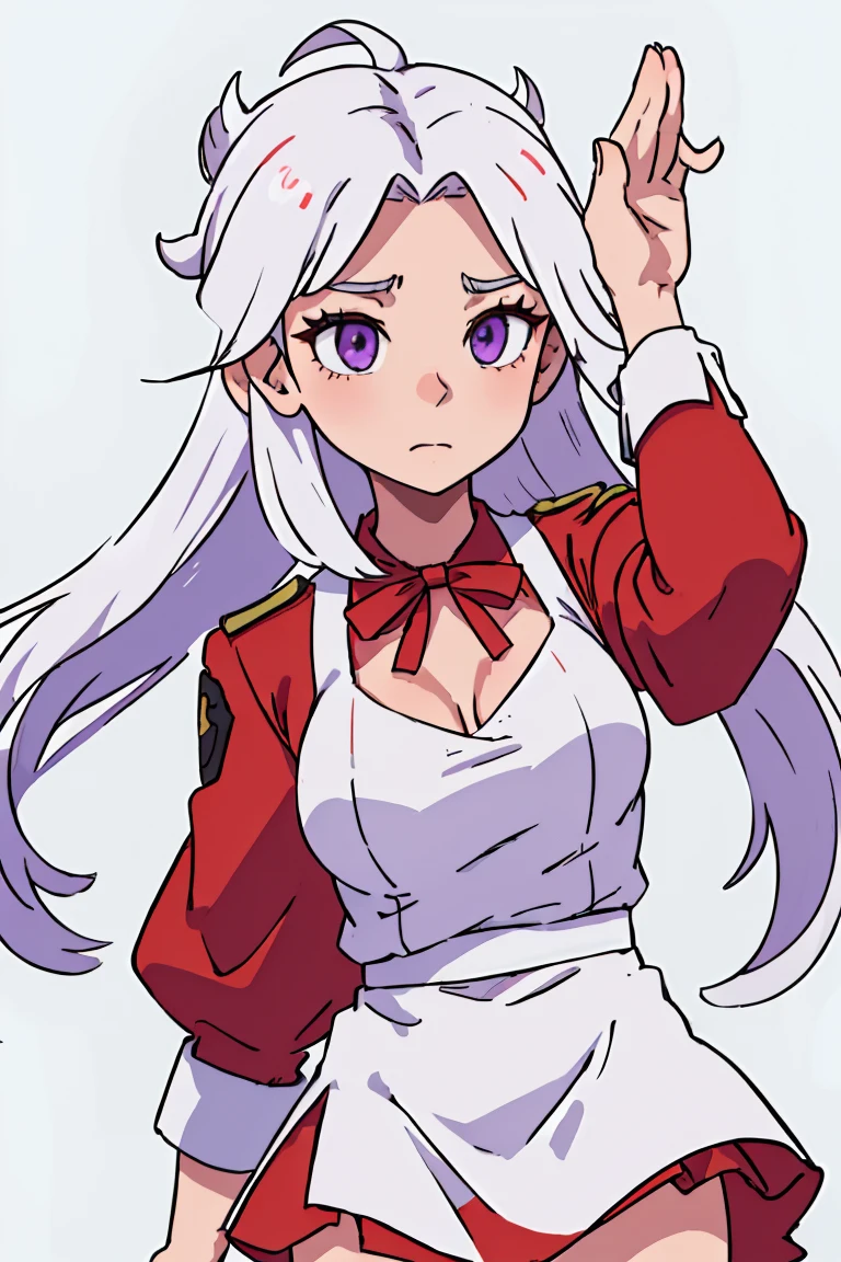 (best qualityer:0.8), perfect anime illustration, 1 girl, in front, gazing at viewer, NoelleHoliday, White hair, red short skirt, Red strappy sleeves, white blouse, purples eyes, big hair, medium breasts((she holding one of her breasts))