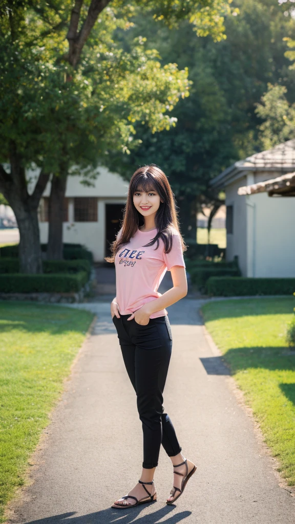 Gorgeous 20 year old indian normal girl, full body of (A hyper-realistic), (illustration), (high resolution), (8K), (highly detailed), smile, smiling, (The best illustration of beautiful detailed eyes), (top-quality), (ultra-detailed), (masterpiece), (beautiful attractive face), long hair, Earrings with bangs, normal girl, skin Trecture, background in village home & tree, skin color dark black, pink t-shirts on full body, (text in the shirt-"Free Fire", black pant pn leak, full body pose photo, simple smile pose,