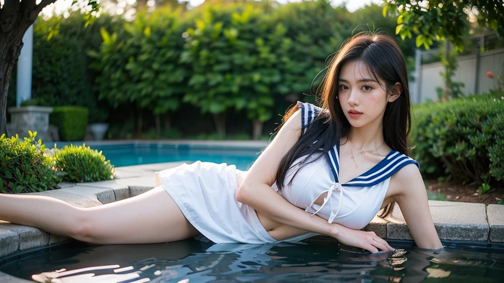 (Best picture quality, 4k,8k, High quality, Masterpiece :1.2), super detail, (realistic, realistic, realistic :1.37), a mature woman in a sailor suit, sailor suit, sailor skirt, very pretty face, beautiful, relaxing private garden with pool, perfect body, intricate details,shut up, shut up, shut up, Lips slightly parted, high quality, reclining, movie lighting, soft tones, large breasts, serene, elegant, serene atmosphere