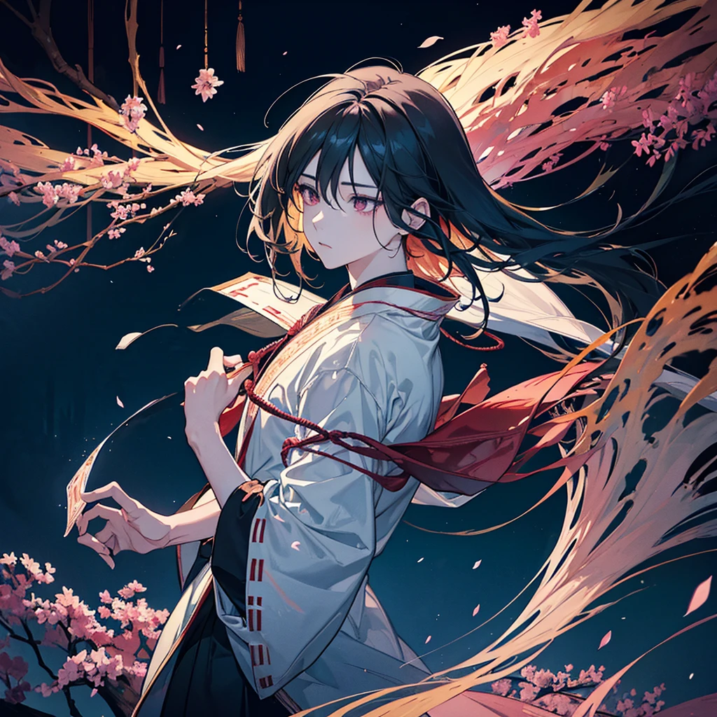 "Create an anime illustration featuring Itachi Uchiha depicted as a god standing in a majestic forest. The setting should include ancient, towering trees with an ethereal glow, and a mystical atmosphere. Itachi should be dressed in divine, flowing robes adorned with intricate designs, and his Sharingan eyes should be prominently visible, exuding a serene but powerful presence. He should be surrounded by a subtle aura of energy, with elements such as floating sakura petals and gentle light rays emphasizing his godly status. The art style should blend traditional anime aesthetics with a touch of divine elegance, and the mood should evoke reverence and awe. Include details such as a calm stream running through the forest and a distant view of the Hidden Leaf Village to add depth and context."