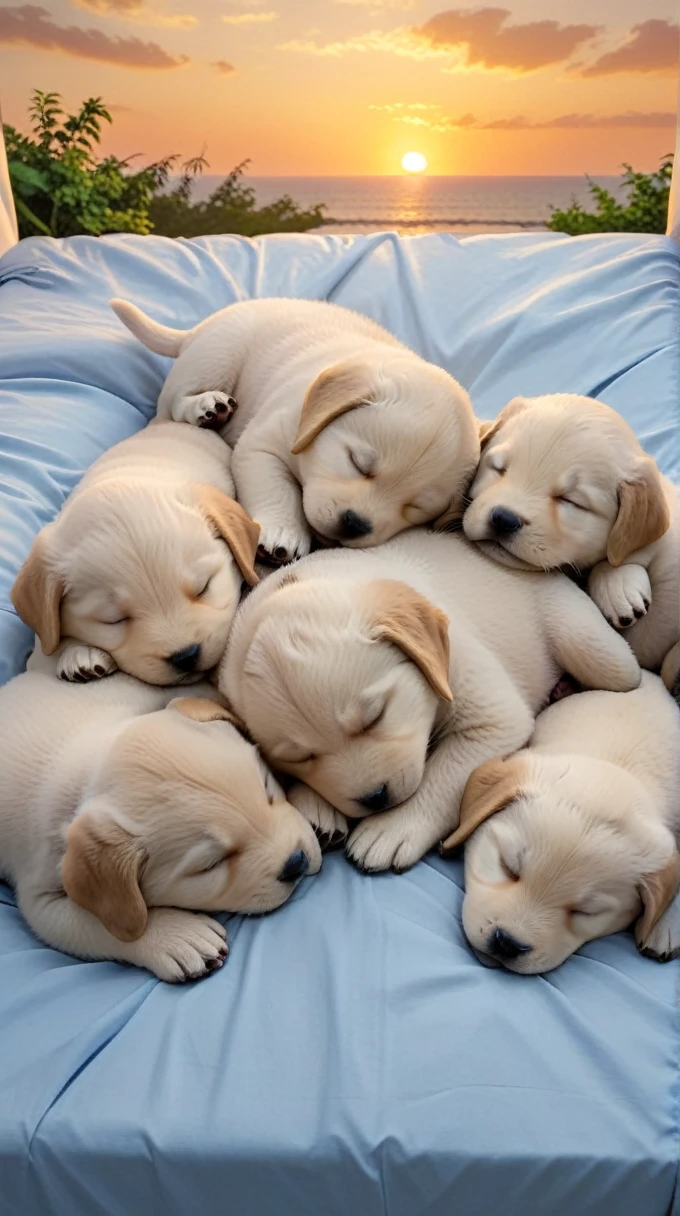 With the sunset in the background,(masterpiece:1.2, high quality), Several puppies sleeping together on a bed、