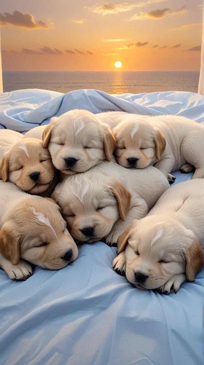 With the sunset in the background,(masterpiece:1.2, high quality), Several puppies sleeping together on a bed、