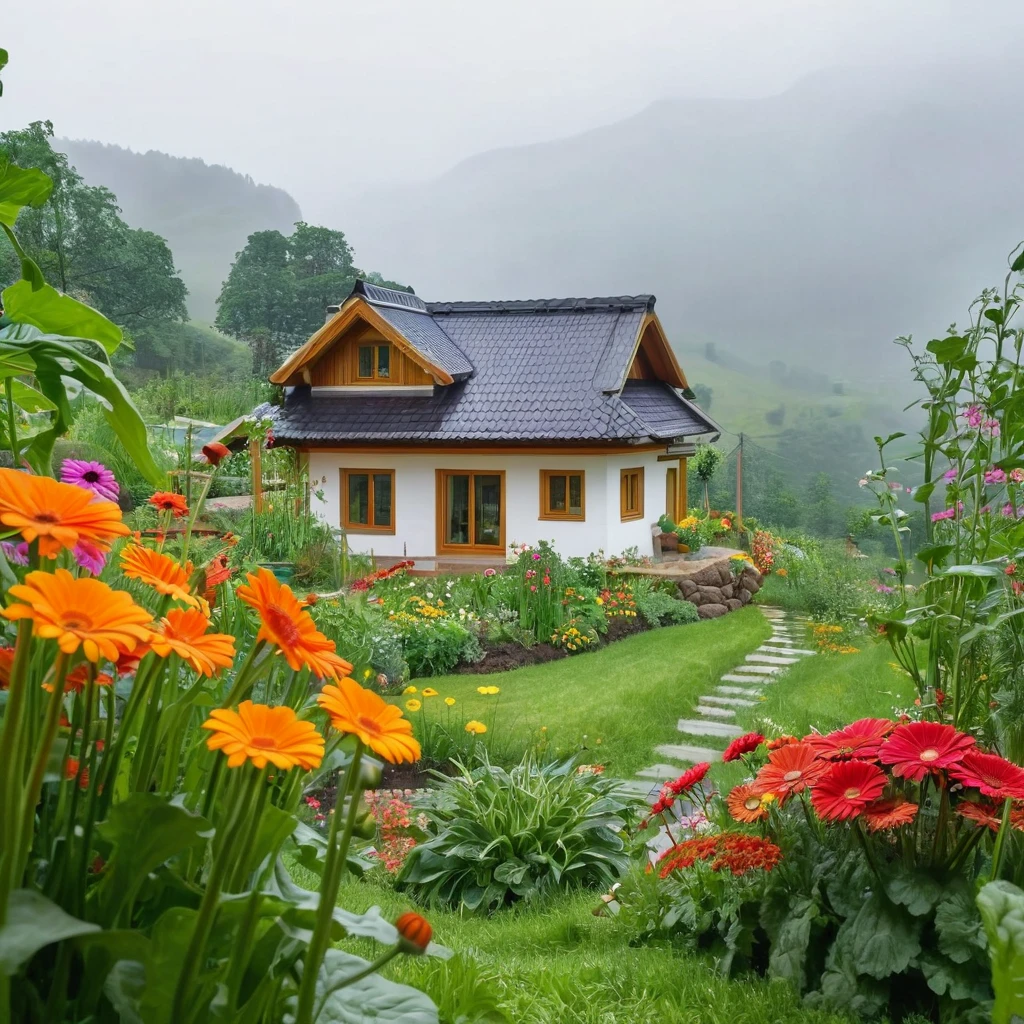 view from far, cottage, the sacred symbol of nature, A straw house on the hill (resort-style house), garden around the house with flowers, gerbera daisys, and vegetables. In front of the house is a valley with flowers. scenery, a rainy day.