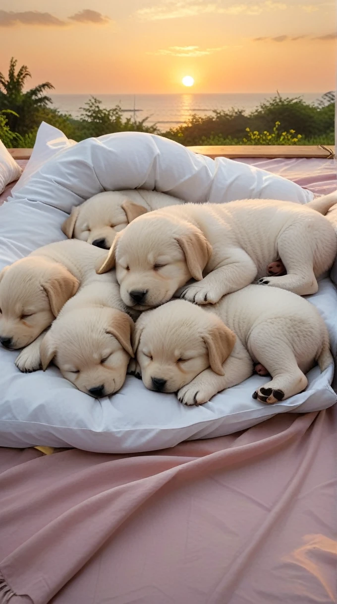 With the sunset in the background,(masterpiece:1.2, high quality), Several puppies sleeping together on a bed、