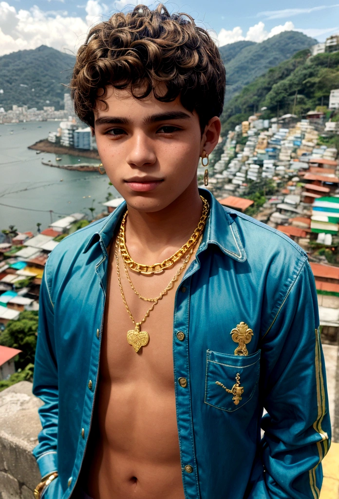 20 year old boy in Rio style with gold chain around his neck favela landscape