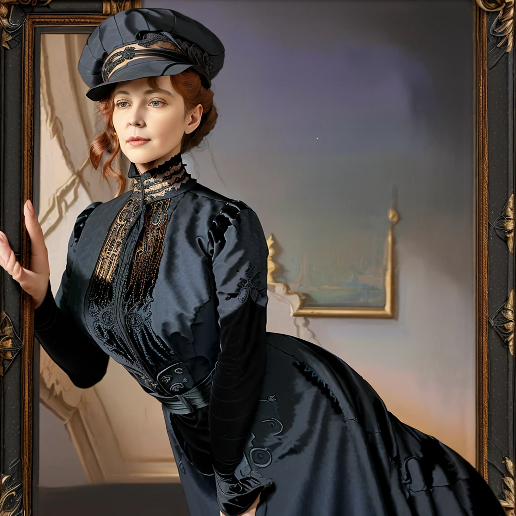 masterpiece, uhd, sharp color  photo of a beautiful woman wearing a high-neck layered black dress, with a hat on and hourglass figure, wasp waist, coseted, at a Parisian cafe  1900_dr3ss