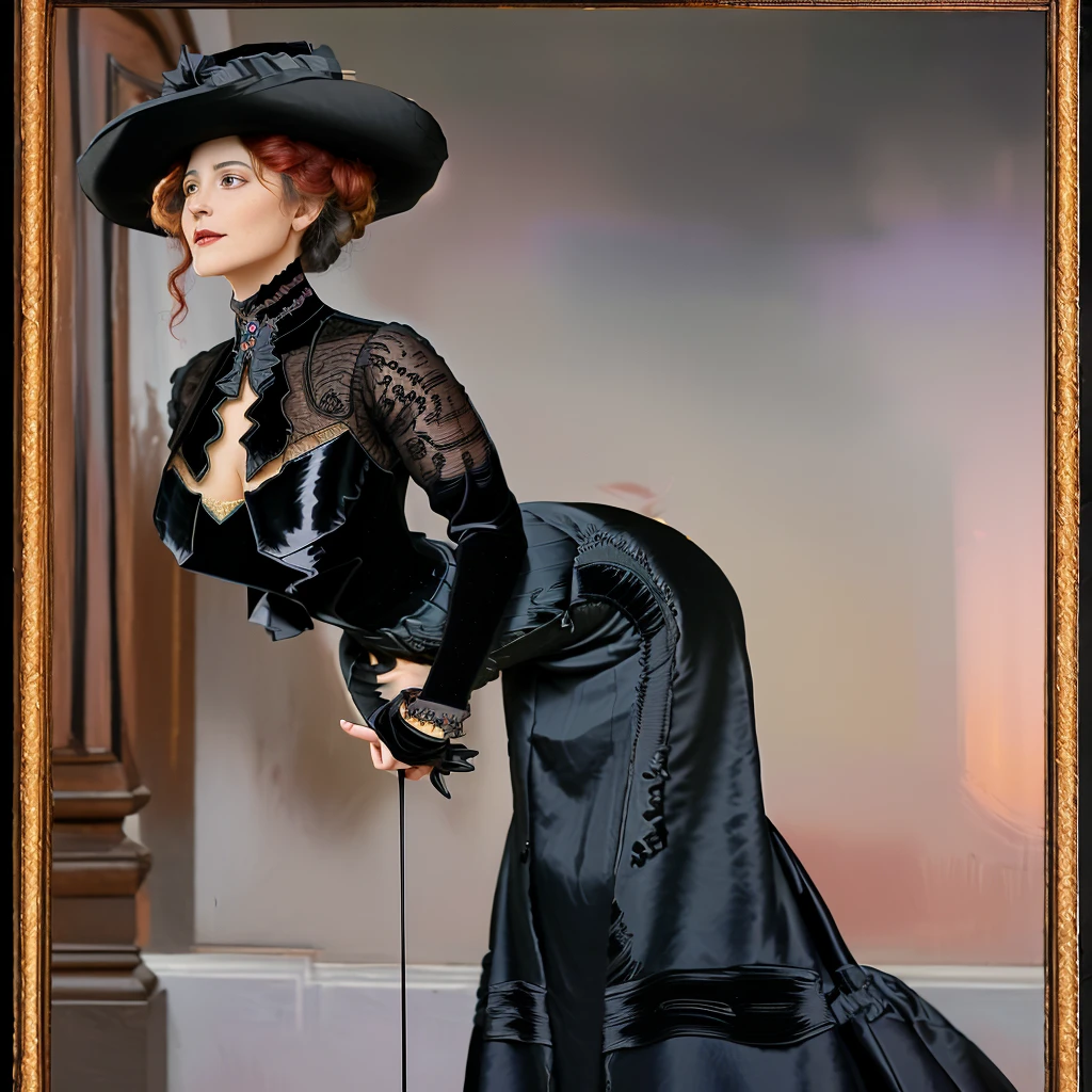 masterpiece, uhd, sharp color photo of a beautiful woman wearing a high-neck layered black dress, with a hat on and hourglass figure, wasp waist, coseted, at a Parisian cafe 1900_dr3ss