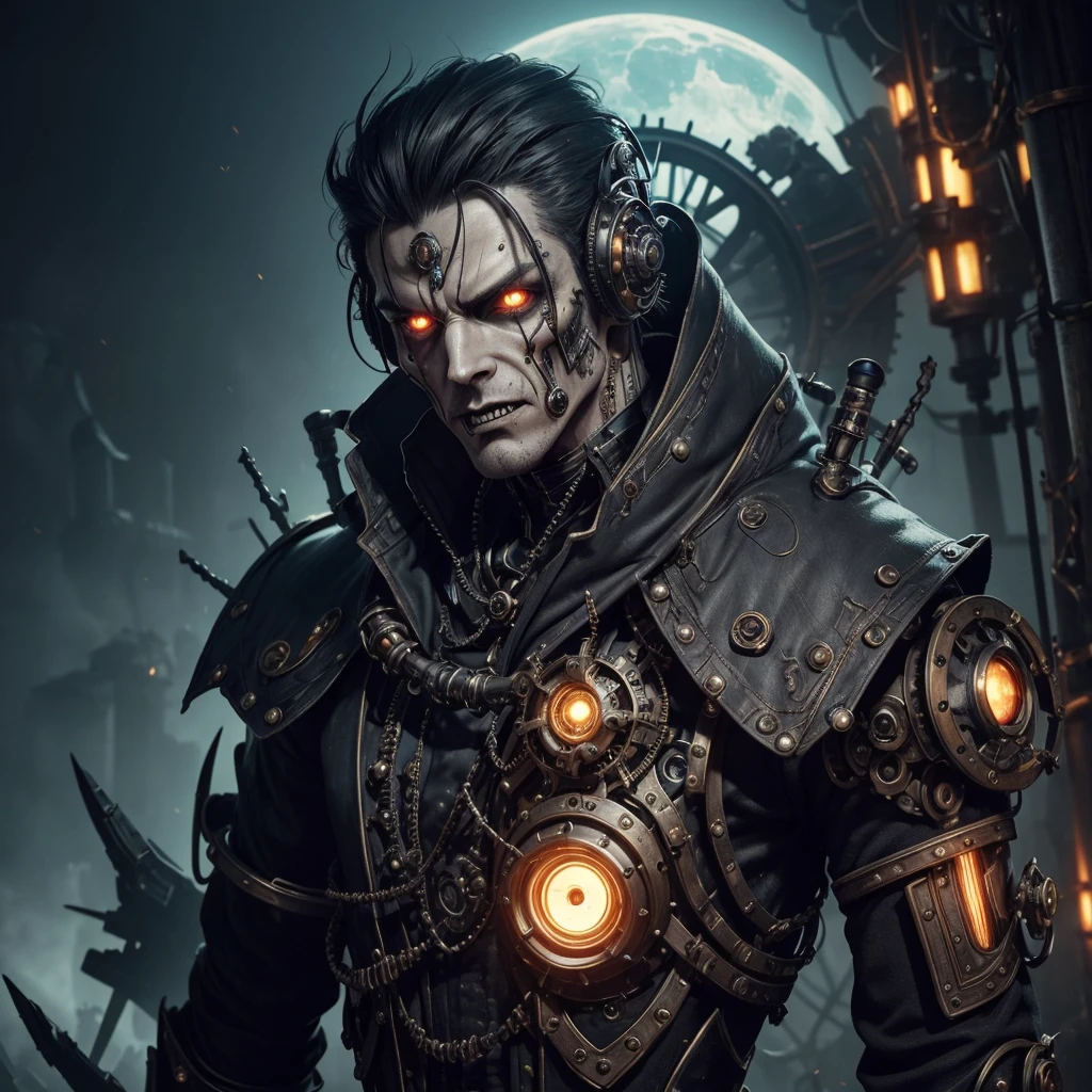 Subject: An alien vampire zombie steampunk robot with a face-on portrait perspective. Artistic Style: A fusion of sci-fi, gothic, and steampunk aesthetics, blending futuristic technology with Victorian-era machinery and supernatural elements. Camera Setting: Face-on portrait perspective to capture the detailed features and expression of the character. Description: The character should have a striking and otherworldly appearance, combining elements of alien, vampire, zombie, and robot characteristics. The alien features could include exotic skin textures, unusual facial proportions, and distinctively shaped eyes or appendages. Incorporate vampire traits such as sharp fangs, pale skin, and a mysterious aura, suggesting a creature of the night. Include zombie elements such as decaying flesh, exposed mechanical components, or cybernetic implants integrated into the body. The steampunk influence should be evident in the character's attire and accessories, with brass gears, clockwork mechanisms, and Victorian-era clothing fused with futuristic elements. Emphasize the character's robotic nature with metallic limbs, mechanical joints, glowing circuitry, and integrated steam-powered technology. Focus on capturing the character's expression, whether it's an eerie grin, a menacing glare, or a stoic demeanor, conveying its unique blend of sci-fi horror and steampunk mystique.Subject: An alien vampire zombie steampunk robot with a face-on portrait perspective. Artistic Style: A fusion of sci-fi, gothic, and steampunk aesthetics, blending futuristic technology with Victorian-era machinery and supernatural elements. Camera Setting: Face-on portrait perspective to capture the detailed features and expression of the character. Description: The character should have a striking and otherworldly appearance, combining elements of alien, vampire, zombie, and robot characteristics. The alien features could include exotic skin textures, unusual facial proportions, and distinctively shaped
