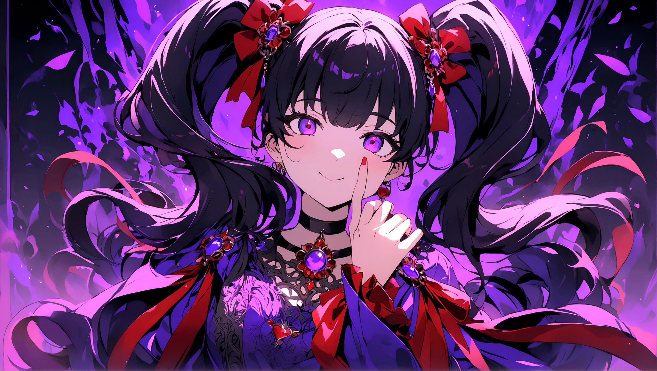 anime-style character with distinct features. The character has long, black hair tied into twin tails with large red ribbons on each side. The eyes are bright red and highly detailed, adding a captivating effect to the character's expression. She is smiling widely, with one hand covering part of her face, giving a playful and somewhat mischievous appearance. The outfit includes various accessories, such as red rings and a choker, along with decorative elements on the clothing that contribute to an overall intricate and visually striking design. Mostly Blue and Purple color theme.
