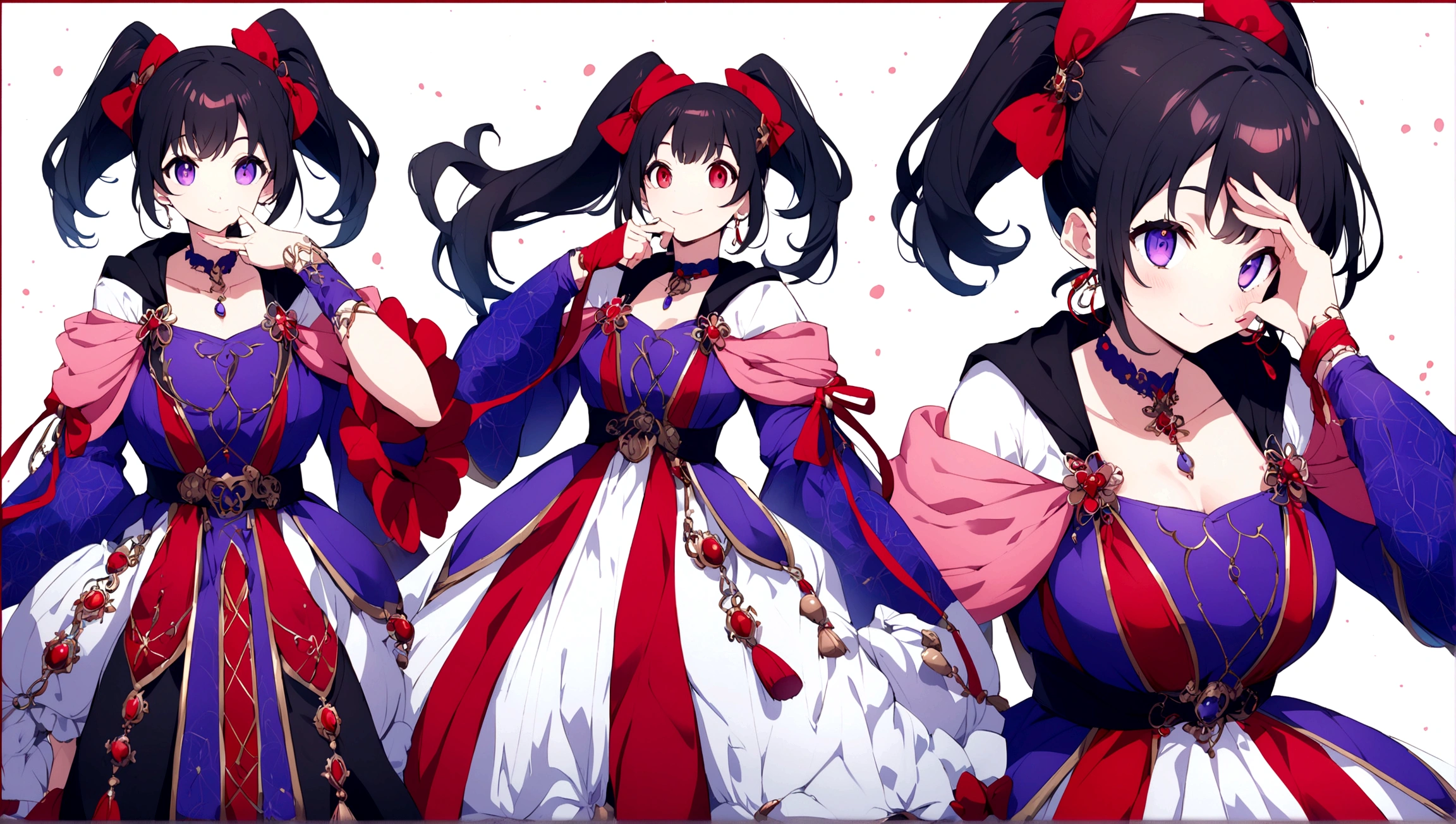 anime-style character with distinct features. The character has long, black hair tied into twin tails with large red ribbons on each side. The eyes are bright red and highly detailed, adding a captivating effect to the character's expression. She is smiling widely, with one hand covering part of her face, giving a playful and somewhat mischievous appearance. The outfit includes various accessories, such as red rings and a choker, along with decorative elements on the clothing that contribute to an overall intricate and visually striking design. Mostly Blue and Purple color theme.
