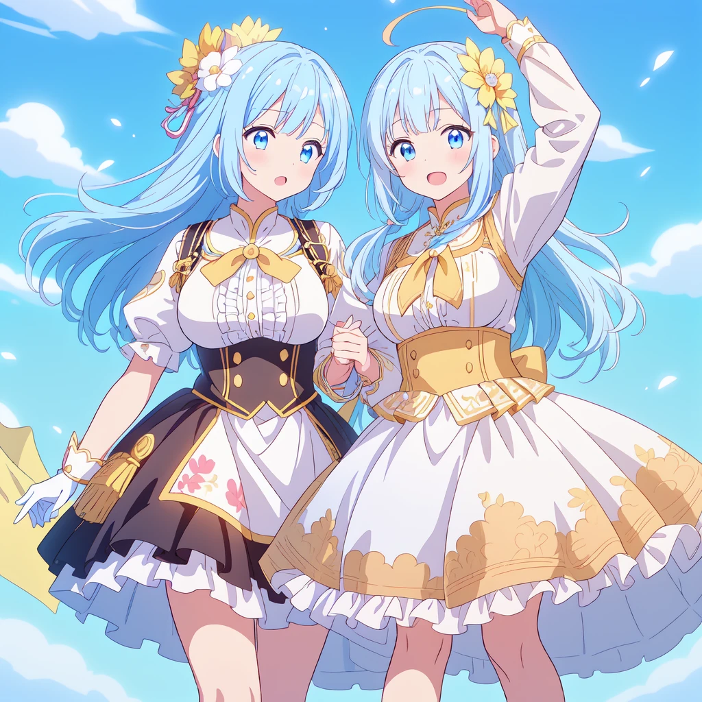 1girl、Dynamic composition、marching band、(((Masterpiece、Highest quality、Official Art、Super detailed、Handsome face、Dynamic composition)))、Anime Style、(Milky white and blue hair:1.3),(blue eyes:1.4),(Bright colors:1.4),((麻の葉background:1.3)),, marching bandのユニフォームを着たクールな女の子, marching bandの帽子、mini skirt, Frills, Black and white with gold embroidered flag held in both hands,(background:Large red flag on the back with gold floral embroidery, Note, )、euphonium、Huge Flag、Powerful composition、White gloves、kawaii tech,