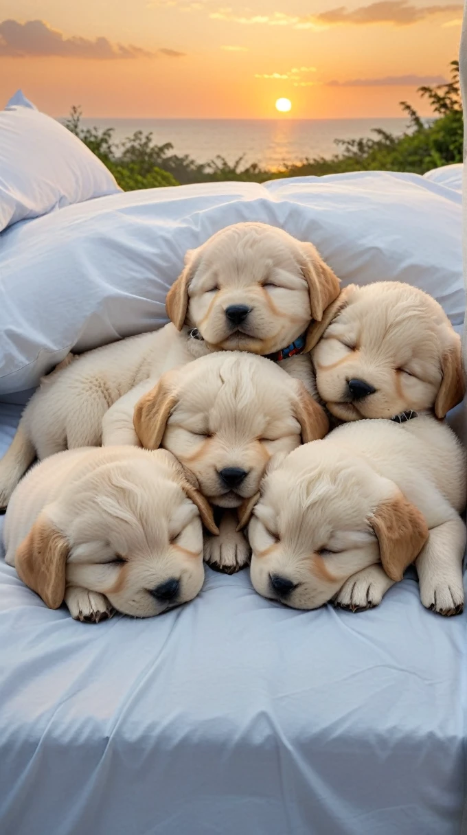 With the sunset in the background,(masterpiece:1.2, high quality), Several puppies sleeping together on a bed、