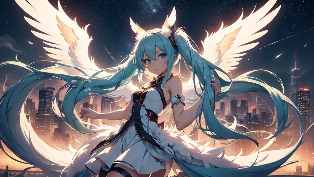 anime girl,tennage girl 18 years old, anime style, cute hatsune miku x white kitsune, shy girl , kitsune ears, dark natasha art, city landscape, art by vixen aztra, full body high definition in details the best image quality, add_detail:1  kitsune in hells add_detail:1,  volando desde el cielo observa una ciudad, apunto de diaparar un rayo solar con su brazo izquierdo add_detail:1, plasma beam atack, 6 feather angel wings add_detail:1