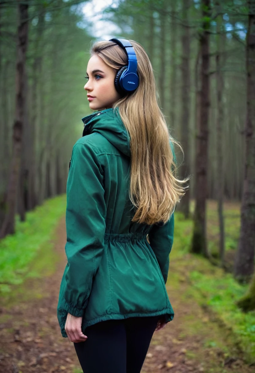 Far in the distance, a Dark blonde haired girl with very beautiful long hair down to her butt, wearing an olive green jacket, black leggings, dark brown mid calf stylish boots, wearing over the ear headphones on her head, 28 years old, only showing the view of her from behind her as she walks into the woods, with just a little of the right side of her face with her heads hair down framing her face and the right side of her very small pretty nose and her large deep blue iris right eye with long eyelashes,  as she looks slightly over to the right