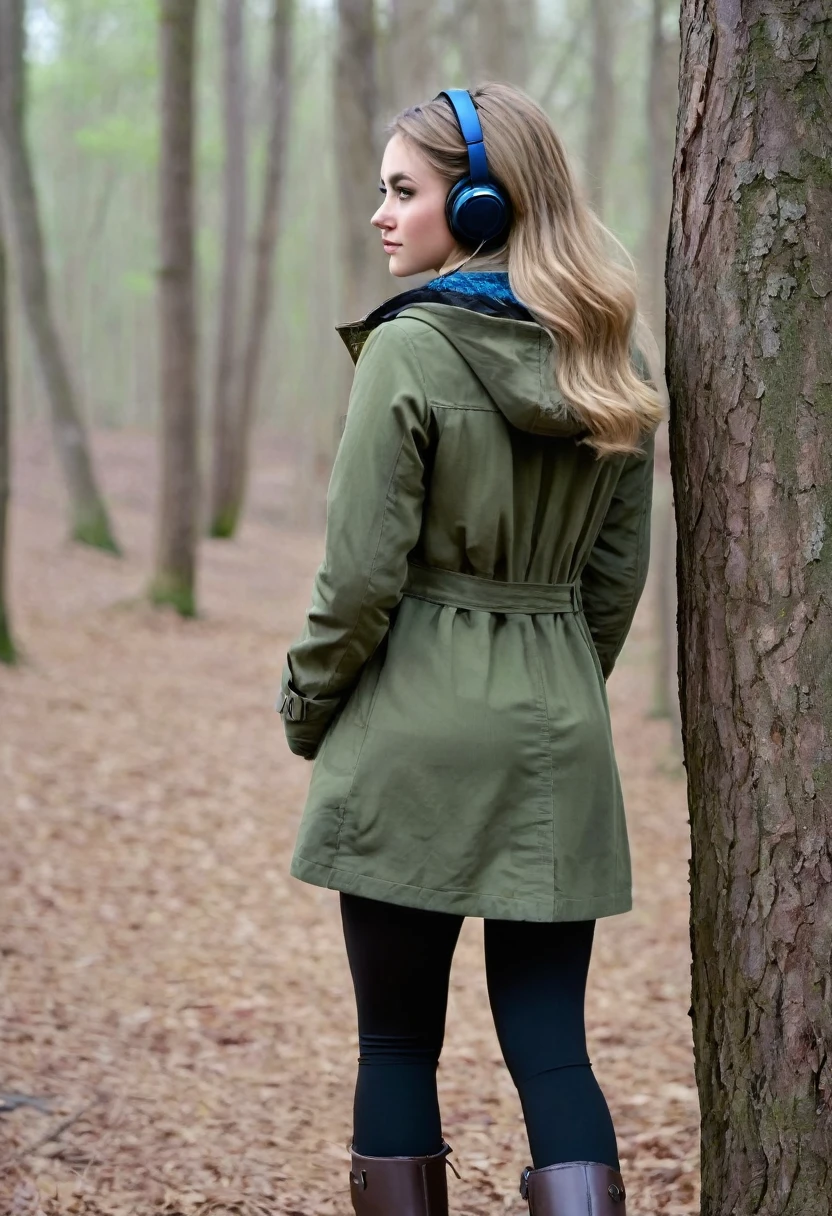 Far in the distance, a Dark blonde haired girl with very beautiful long hair down to her butt, wearing an olive green jacket, black leggings, dark brown mid calf stylish boots, wearing over the ear headphones on her head, 28 years old, only showing the view of her from behind her as she walks into the woods, with just a little of the right side of her face with her heads hair down framing her face and the right side of her very small pretty nose and her large deep blue iris right eye with long eyelashes,  as she looks slightly over to the right
