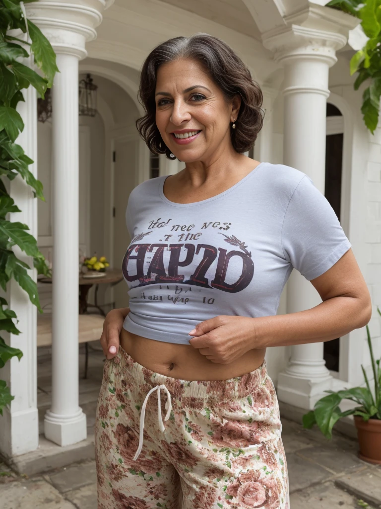 1girl, photorealistic, realistic, Latina woman, Old woman, thick lips, mature, 65 years old, Latina, straight short hair, brown skin, Latina nose, Latina eyes, Latina body, ((background: inside the mansion house)), wearing printed tshirt and Culotte Jumpsuit, outdoor, ((wide shot)), smiling