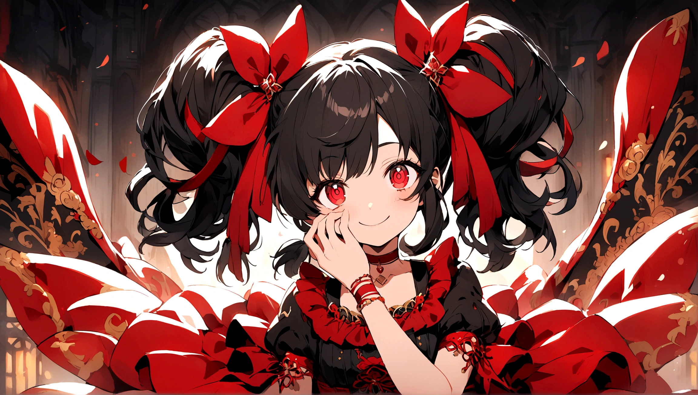 anime-style character with distinct features. The character has long, black hair tied into twin tails with large red ribbons on each side. The eyes are bright red and highly detailed, adding a captivating effect to the character's expression. She is smiling widely, with one hand covering part of her face, giving a playful and somewhat mischievous appearance. The outfit includes various accessories, such as red rings and a choker, along with decorative elements on the clothing that contribute to an overall intricate and visually striking design.