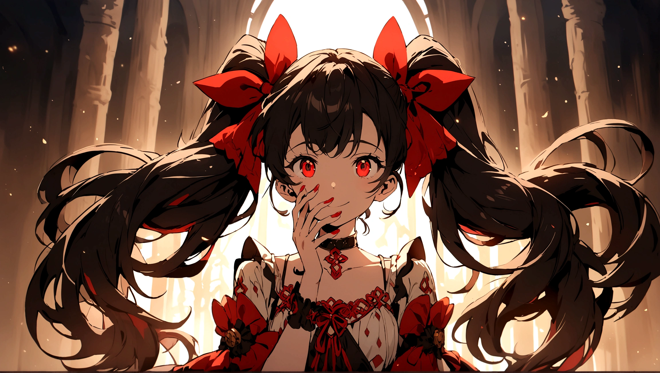 anime-style character with distinct features. The character has long, black hair tied into twin tails with large red ribbons on each side. The eyes are bright red and highly detailed, adding a captivating effect to the character's expression. She is smiling widely, with one hand covering part of her face, giving a playful and somewhat mischievous appearance. The outfit includes various accessories, such as red rings and a choker, along with decorative elements on the clothing that contribute to an overall intricate and visually striking design.