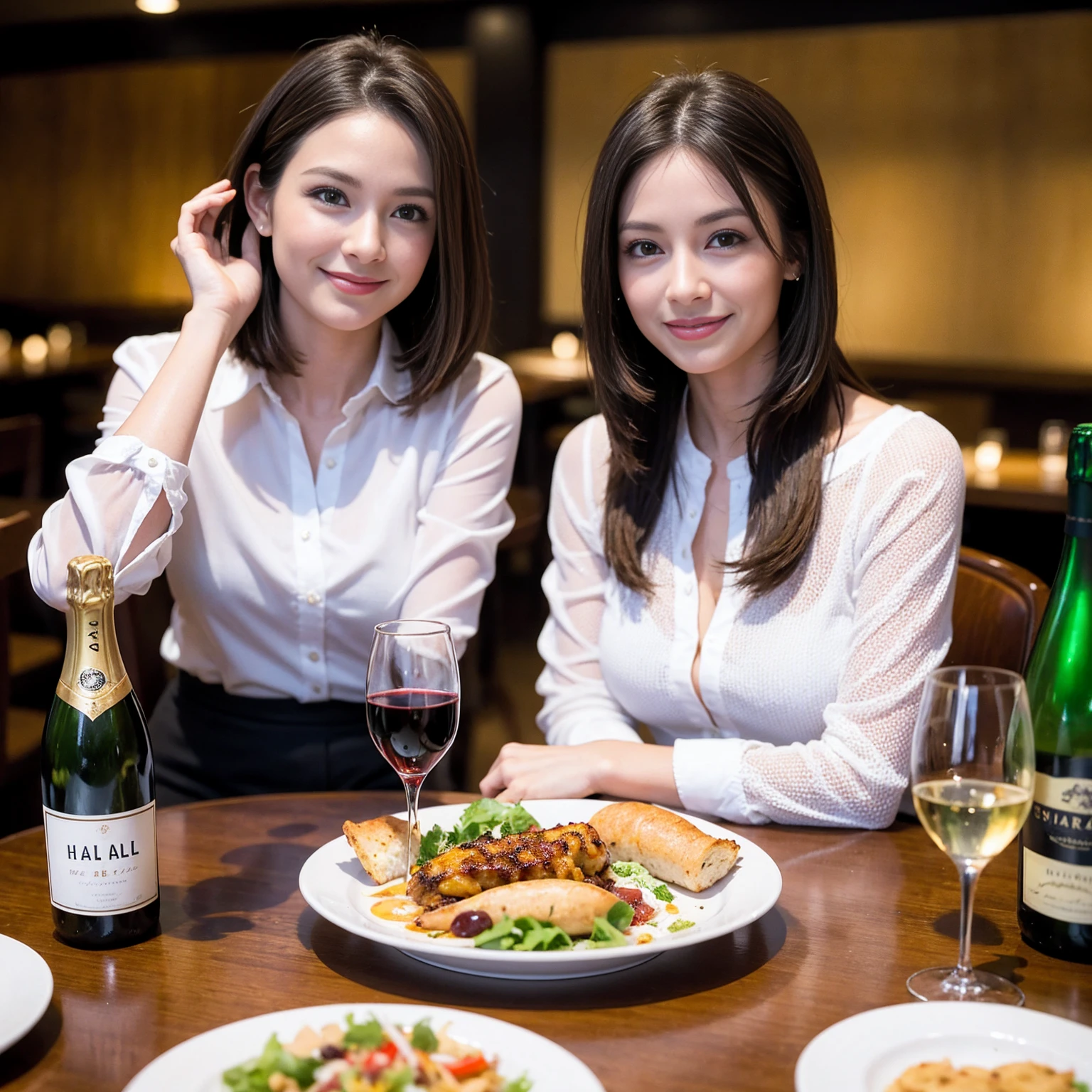 ((Highest quality、、masterpiece:1.3))、1 male、1 female、spouse、Beautiful couple、smile、full-course dinner、 (Slim face), (the body is スリム), (Brown Hair), (Shortcuts), ((Bob Hale、Straight hair:1.2)), テーブルの上のwine glass、Put the light on your face、 Amazing view of the sunset sky and clouds、smileの美しさ、Bright image、Blushing, Shortcuts, (43 years old), 39 years old, Appetizers、Italian food、Wine bottle、Champagne、sparkling wine、Long sleeve shirt、dress、Attractive beauty、restaurant, Nova Frog Style, actress, model, Upper Body, White wine, red wine, wine glass, 