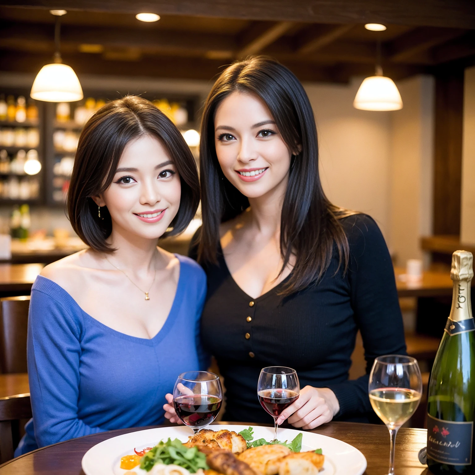 ((Highest quality、、masterpiece:1.3))、1 male、1 female、spouse、Beautiful couple、smile、full-course dinner、 (Slim face), (the body is スリム), (Brown Hair), (Shortcuts), ((Bob Hale、Straight hair:1.2)), テーブルの上のwine glass、Put the light on your face、 Amazing view of the sunset sky and clouds、smileの美しさ、Bright image、Blushing, Shortcuts, (43 years old), 39 years old, Appetizers、Italian food、Wine bottle、Champagne、sparkling wine、Long sleeve shirt、dress、Attractive beauty、restaurant, Nova Frog Style, actress, model, Upper Body, White wine, red wine, wine glass,
