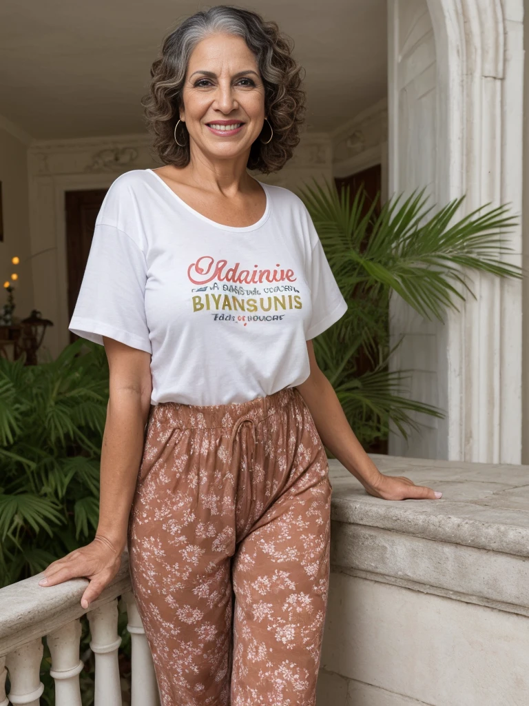 1girl, photorealistic, realistic, Latina woman, Old woman, thick lips, mature, 65 years old, Latina, straight short hair, brown skin, Latina nose, Latina eyes, Latina body, ((background: inside the mansion house)), wearing printed tshirt and Culotte Jumpsuit, outdoor, ((wide shot)), smiling
