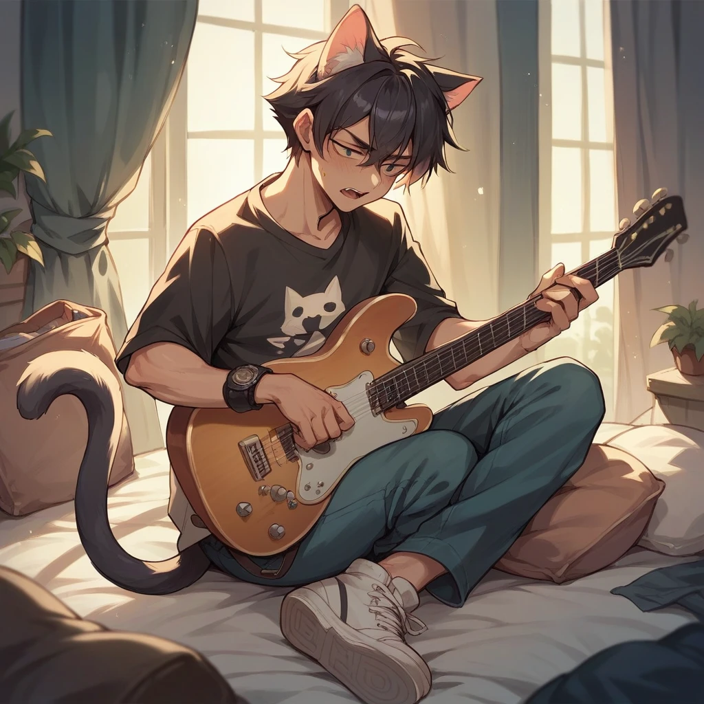 A cat playing guitar