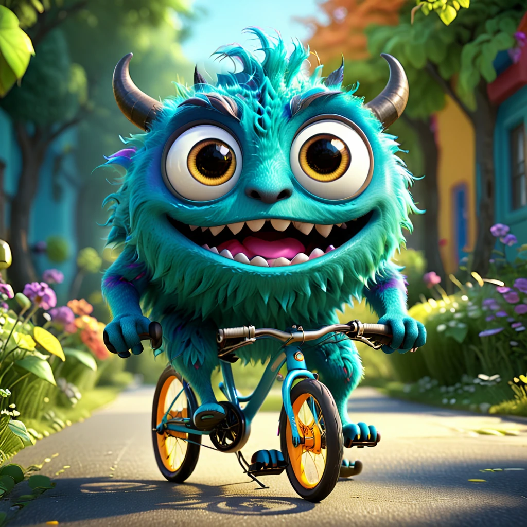 Cute monster transformed into a bicycle, with big eyes and a happy expression, pedaling along. Pixar animation style, vibrant colors, C4D software. --ar 1:1 --v 6.0 3D render