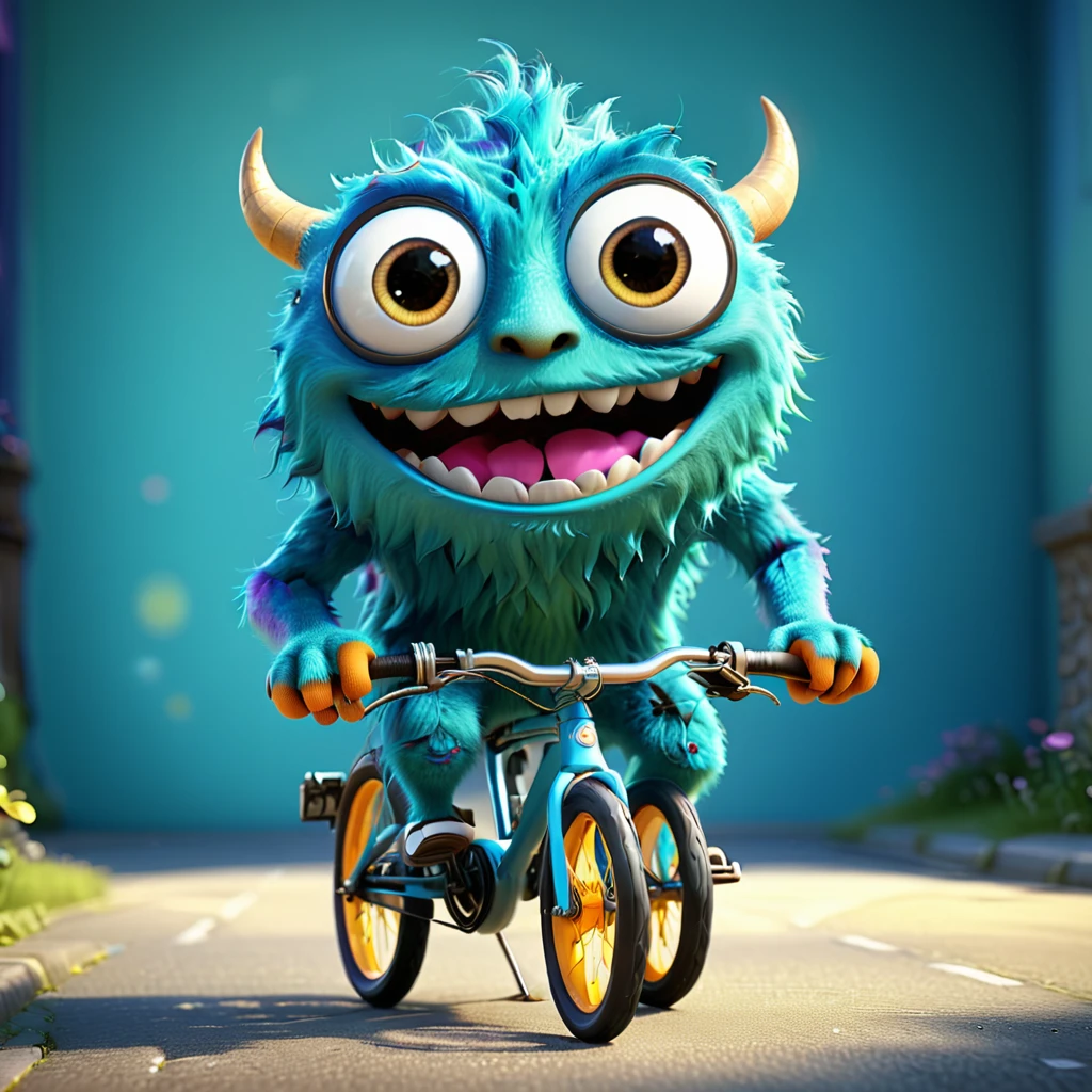 Cute monster transformed into a bicycle, with big eyes and a happy expression, pedaling along. Pixar animation style, vibrant colors, C4D software. --ar 1:1 --v 6.0 3D render