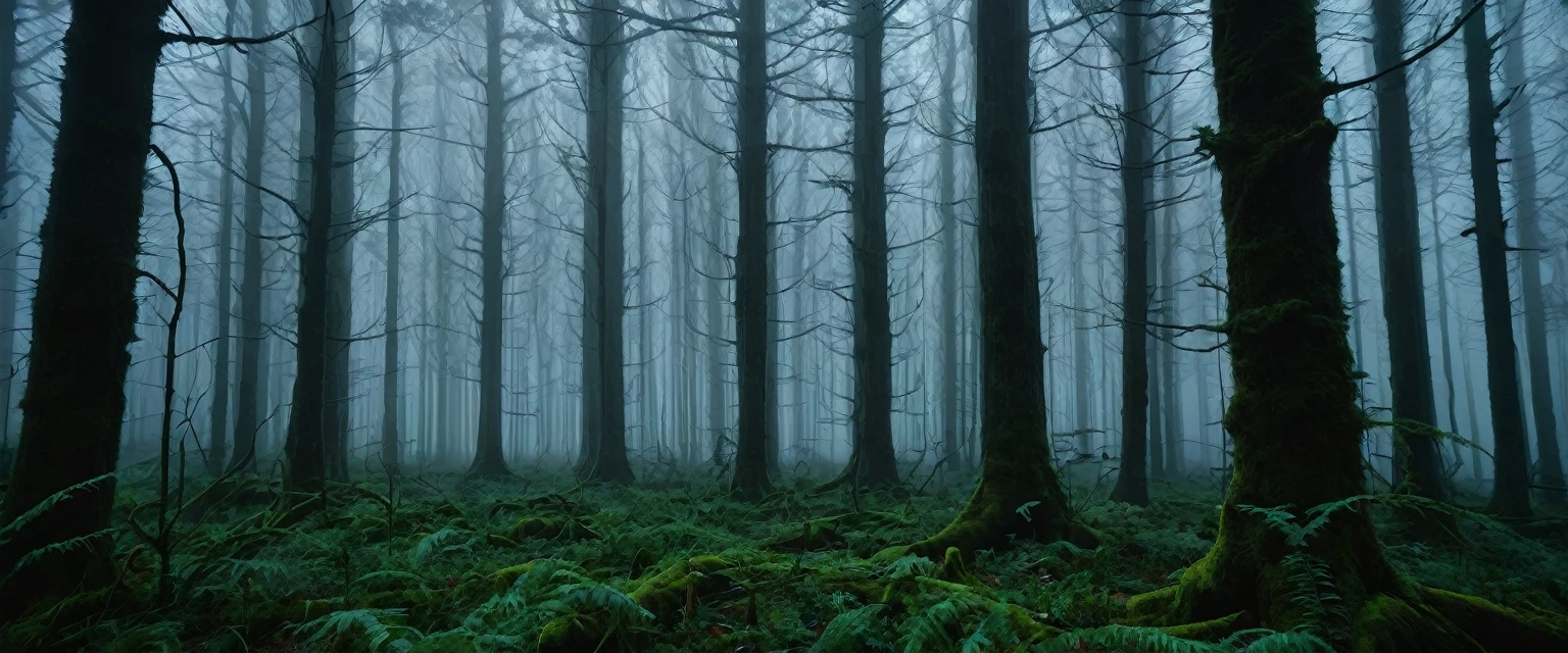 (8K, Best Quality, Masterpiece, Ultra High Definition: 1.2, no people), a dark, dense forest scene filled with thick, swirling fog. The trees should be tall and close together, with twisted branches reaching out ominously. The atmosphere should be eerie and mysterious, with minimal light penetrating the dense canopy.