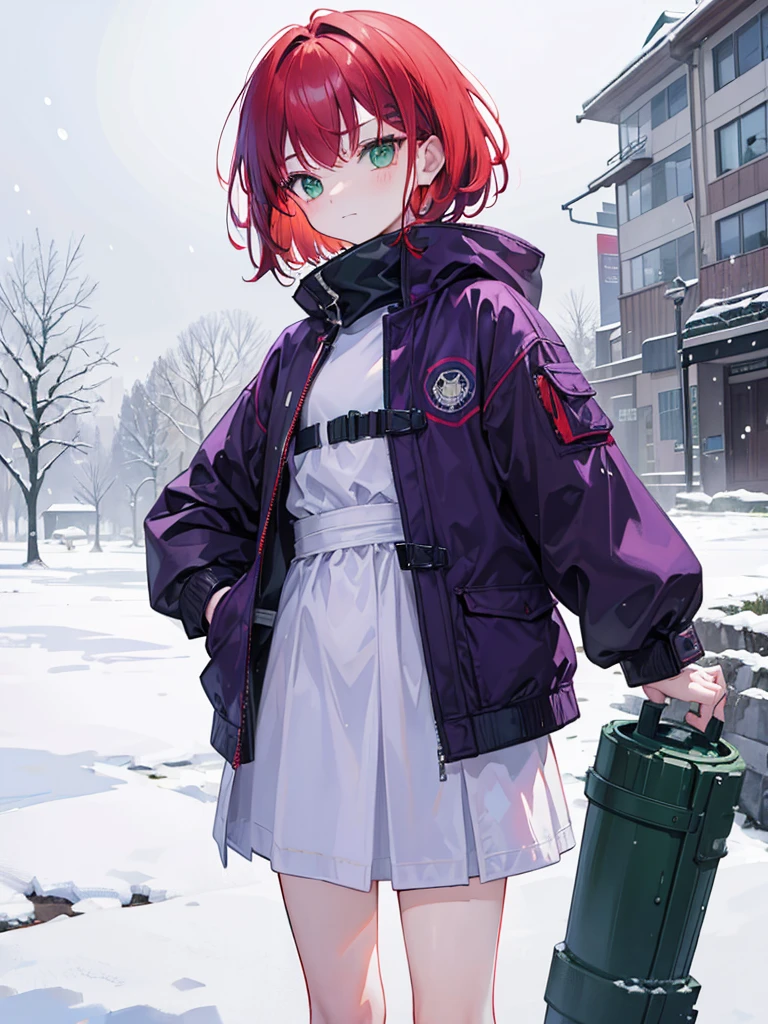 , green eyes, short curry wavy bobs red hair, bangs.  wear purple black jacket. background in snow field. kid. not smiling, indifferent. arrogant, thug, winter. snowfall