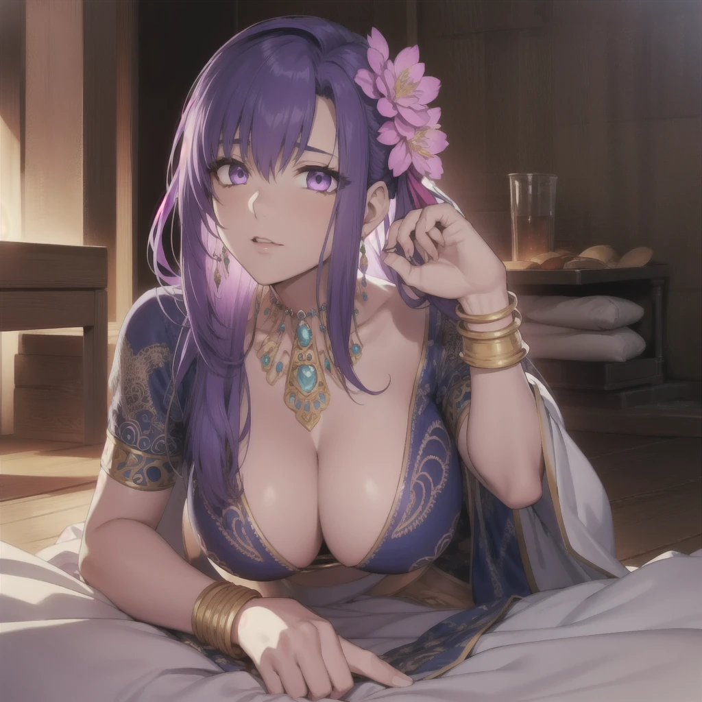 parvati, parvati, long hair, (purple eyes: 1.1), purple hair, , huge chest, hands on chest, BREAK bracelet, flower, hair flower, hair ornament, Indian clothing, jewelry, necklace, side slit , BREAK looking at the viewer, (masterpiece: 1.2), best quality, high resolution, Unity 8k wallpaper, (artwork: 0.8), (detailed beautiful eyes: 1.6), extremely detailed face, perfect lighting, Extremely detailed CG, (perfect hands, perfect anatomy),