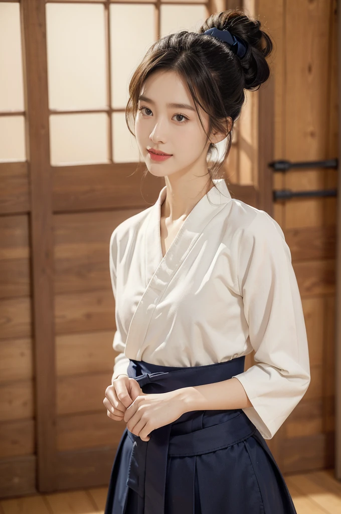 (((best quality))),(((ultra detailed))),(((masterpiece))),illustration,1girl,solo,tonogui,short ponytail,slim,thin,small breasts,flat chest,white collar,white kendogi,three-quarter sleeves,maxi navy-blue kendo hakama,standing in kendo gym,arms behind back,focused and determined expression,ready for challenge,slender and elegant face,confident and resilient,fair skin,blush,neat teeth,bright smile,clean and tidy uniform,wooden gym floor,wall,pine scent,standard grip,ready to slice through obstacles,strong belief,determination,spirit of resilience,admiring,from front,upper body,