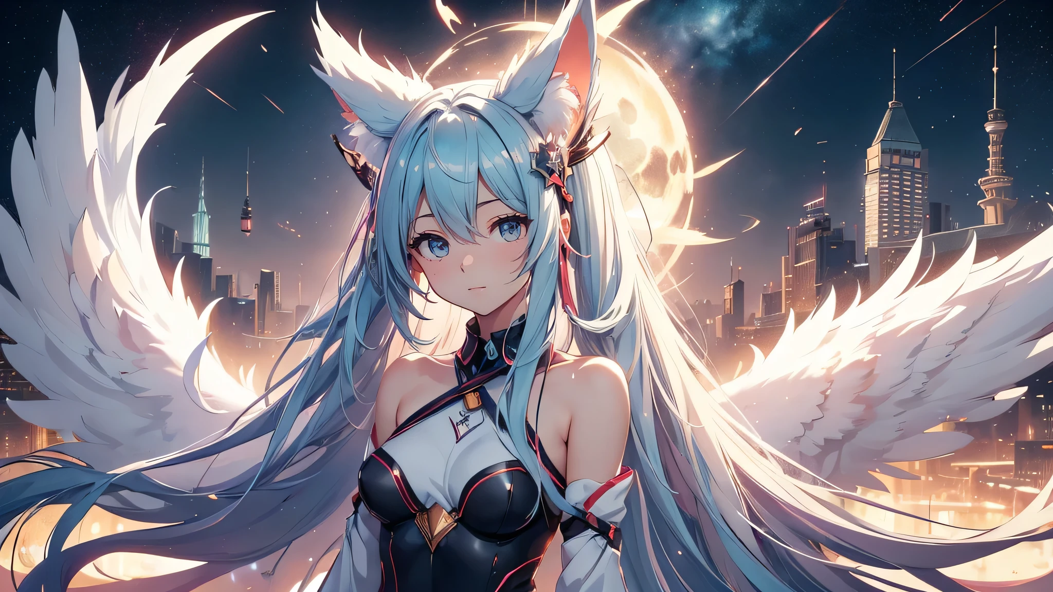 anime girl,tennage girl 18 years old, anime style, cute hatsune miku x white kitsune, shy girl , kitsune ears, dark natasha art, city landscape, art by vixen aztra, full body high definition in details the best image quality, add_detail:1 kitsune in hells add_detail:1, volando desde el cielo observa una ciudad, apunto de diaparar un rayo solar con su brazo izquierdo add_detail:1, plasma beam atack, 6 feather angel wings add_detail:1