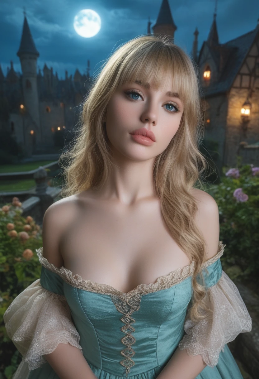score_9, score_8_above, score_7_above, 1girl, realistic, blonde long hair with bangs, blue_eyes, realistic skin texture, detailed picture, upper_body, HD32k, royal_garden, medieval_castle, elegant_green_dress, off_shoulder_dress, moonlight, night, fullmoon, red_lips, (puckered_lips:1.5)