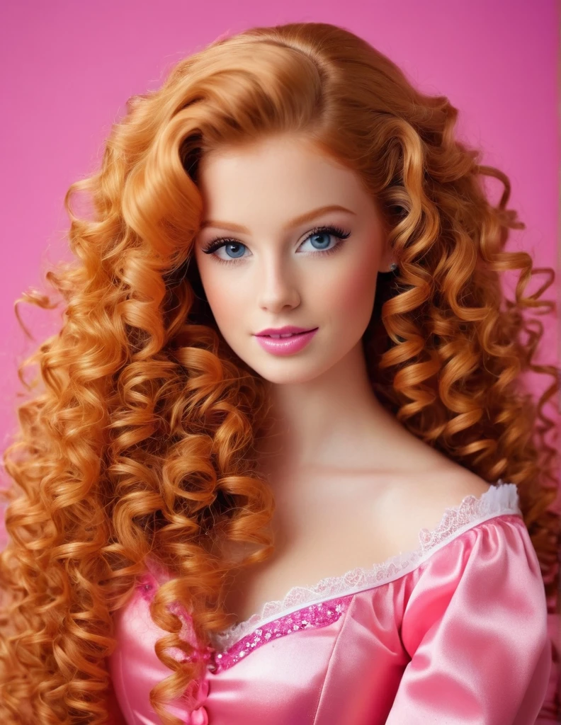 very attractive 25 year old girl with long very curly ginger hair, dressed as barbie, photo quality