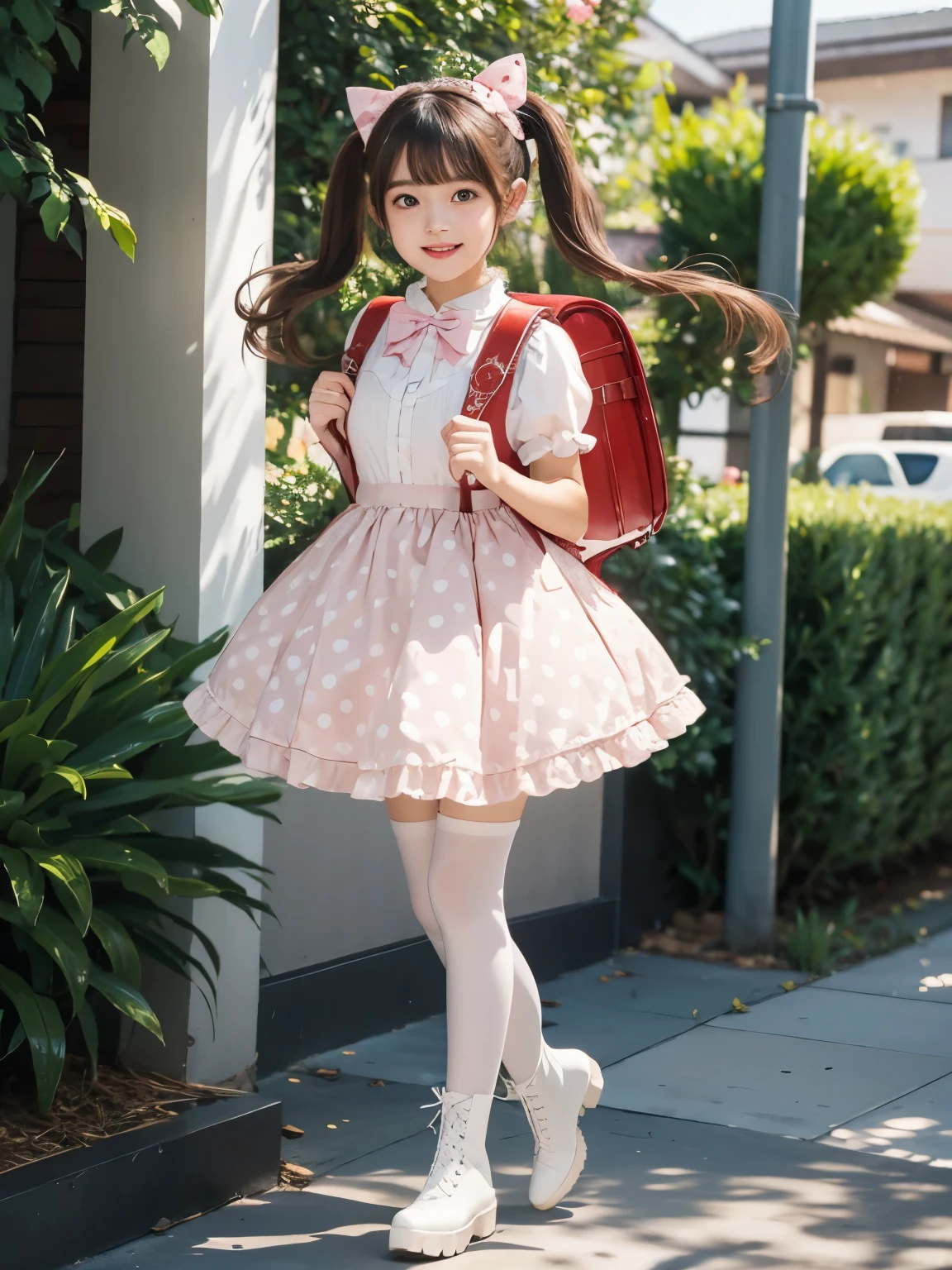 Masterpiece, hd, 1girl, realistic, brown hair, twintails, medium hair, hair ribbon, smile, wearing brown backpack, (backpack:1.2), pink dress, cute dress, bowtie, short sleeves, puffy sleeve, polkadot dress, outdoor, standing, fullbody, (fullbody:1.2), wear white pantyhose, white stockings, white heeled boots, (boots:1.2)