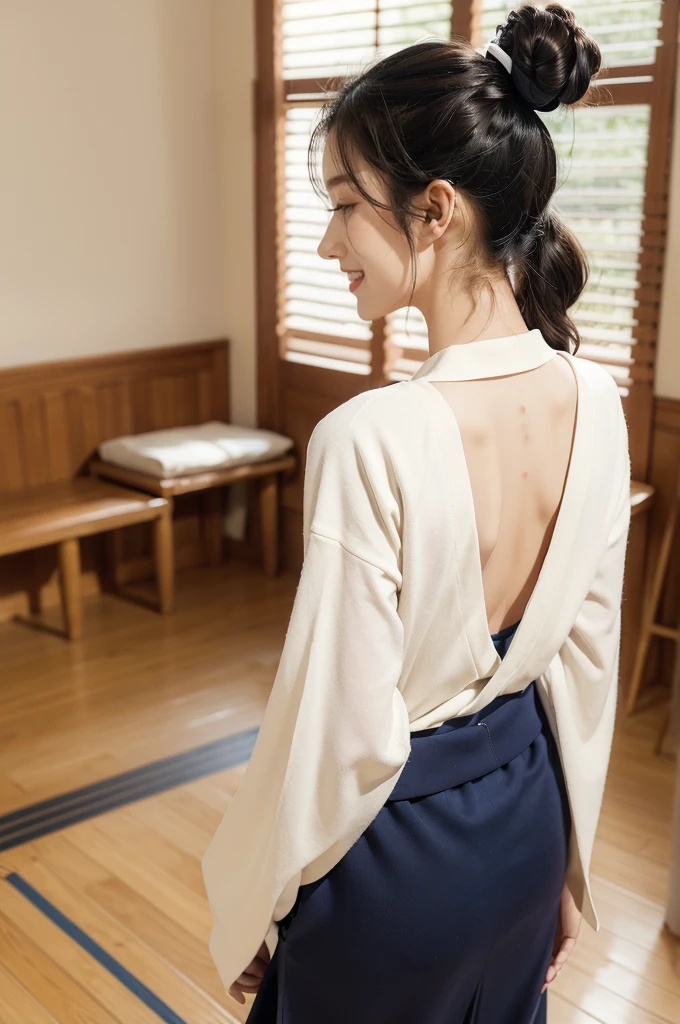 Highest quality, detailed, beautiful, insanely detailed, Absurd, Japanese women, Age 27, (thin), Light brown hair, Shiny Hair, Straight Hair, Delicate hair, Model body type, (((Hands should be put around the back, shibari, Tied tightly with a rope))), Wear a red short-sleeved blouse, Wear a navy blue skirt, Japanese Room , Standing on tatami mats , Viewer view from the front, Anatomically correct body, whole body,