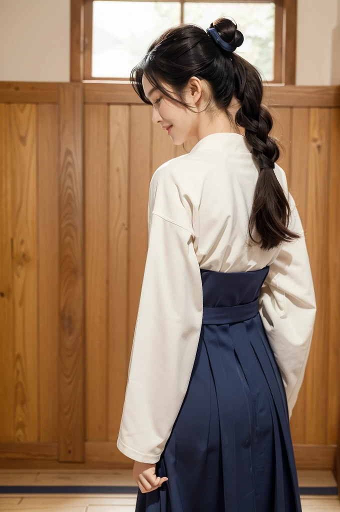 (((best quality))),(((ultra detailed))),(((masterpiece))),illustration,1girl,solo,short ponytail,slim,thin,((towering hips,butt crack)),white collar,white kendogi,three-quarter sleeves,maxi navy-blue kendo hakama,standing in kendo gym,focused and determined expression,ready for challenge,slender and elegant face,confident and resilient,fair skin,blush,neat teeth,bright smile,clean and tidy uniform,wooden gym floor,wall,pine scent,standard grip,ready to slice through obstacles,strong belief,determination,spirit of resilience,admiring,((from back,upper body))