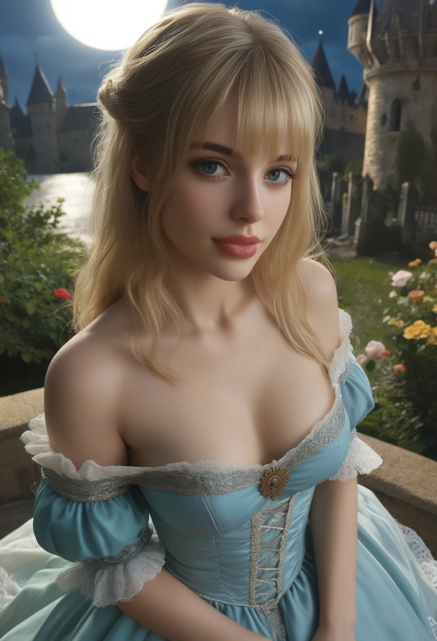 score_9, score_8_above, score_7_above, 1girl, realistic, blonde long hair with bangs, blue_eyes, realistic skin texture, detailed picture, upper_body, HD32k, royal_garden, medieval_castle, elegant_green_dress, off_shoulder_dress, moonlight, night, fullmoon, red_lips, licking_lips, puffy_lips
