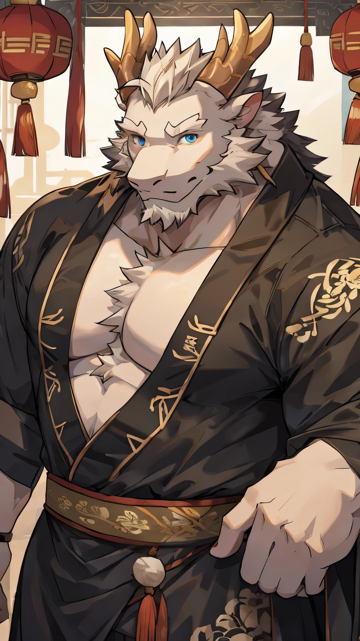 (white eastern dragon),furry,white mustache,big pecs,hearty males,muscular,black imperial robe,naked,adult,traditional_chinese_room,head portrait